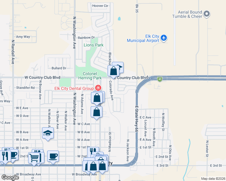 map of restaurants, bars, coffee shops, grocery stores, and more near 1215 Colorado Avenue in Elk City