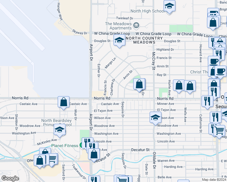 map of restaurants, bars, coffee shops, grocery stores, and more near 713 Charlana Drive in Bakersfield