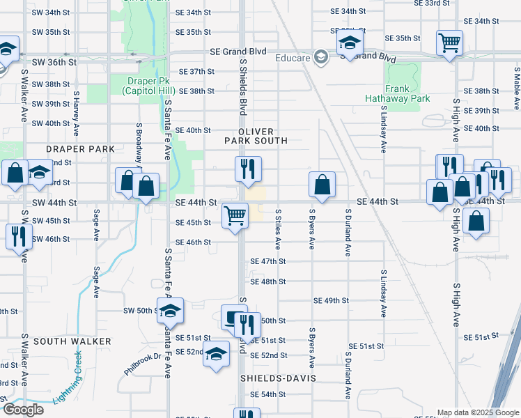 map of restaurants, bars, coffee shops, grocery stores, and more near 218 Southeast 44th Street in Oklahoma City