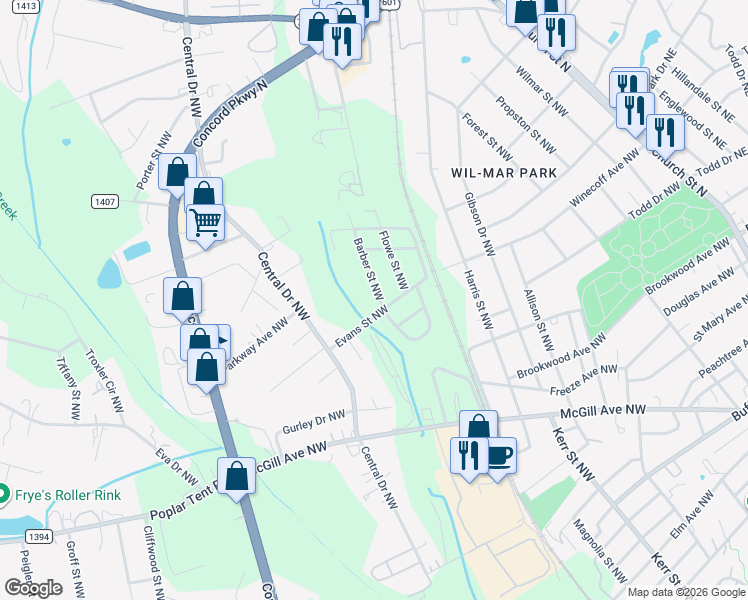 map of restaurants, bars, coffee shops, grocery stores, and more near 60 Barber Street Northwest in Concord