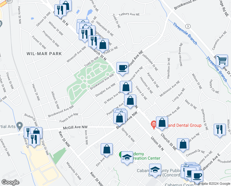 map of restaurants, bars, coffee shops, grocery stores, and more near 25 Douglas Avenue Northwest in Concord