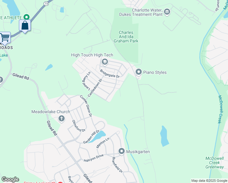map of restaurants, bars, coffee shops, grocery stores, and more near 8806 Cool Meadow Drive in Huntersville