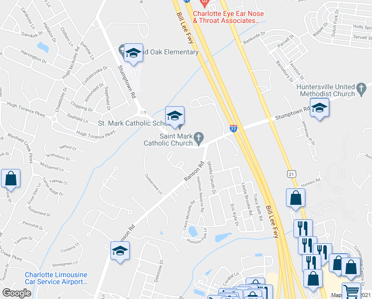 map of restaurants, bars, coffee shops, grocery stores, and more near 14801 Stumptown Road in Huntersville