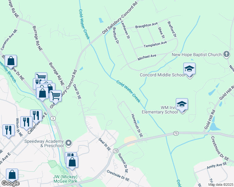 map of restaurants, bars, coffee shops, grocery stores, and more near 329 Honeycutt Drive Southeast in Concord