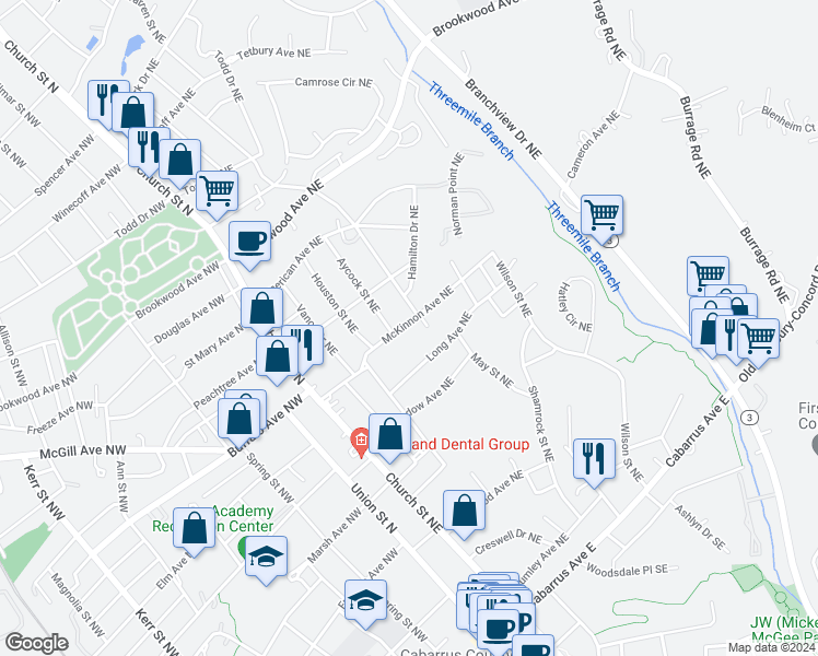 map of restaurants, bars, coffee shops, grocery stores, and more near 116 McKinnon Avenue Northeast in Concord