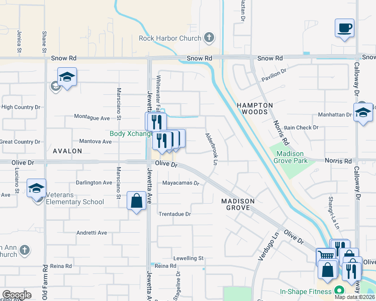 map of restaurants, bars, coffee shops, grocery stores, and more near 10918 Thunder Falls Avenue in Bakersfield