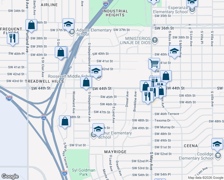 map of restaurants, bars, coffee shops, grocery stores, and more near 3129 Southwest 44th Street in Oklahoma City