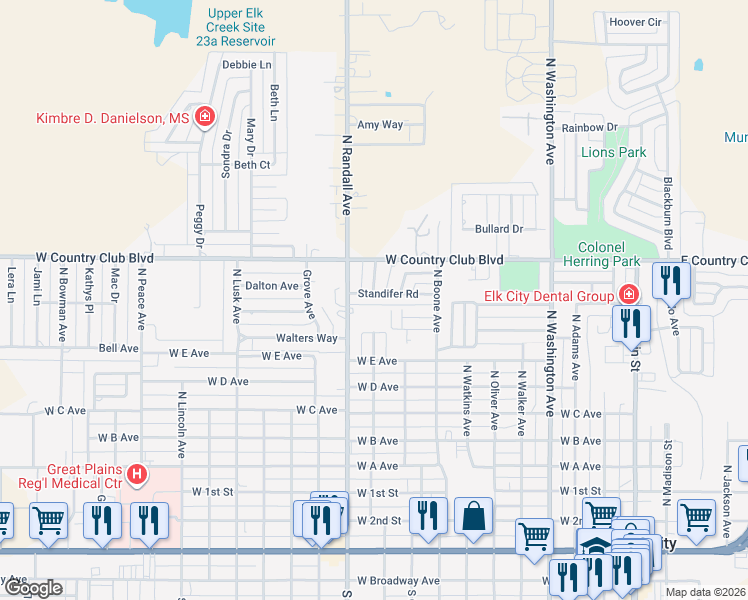 map of restaurants, bars, coffee shops, grocery stores, and more near 815 Standifer Road in Elk City