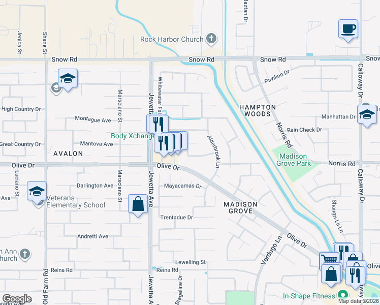 map of restaurants, bars, coffee shops, grocery stores, and more near 10918 Thunder Falls Avenue in Bakersfield