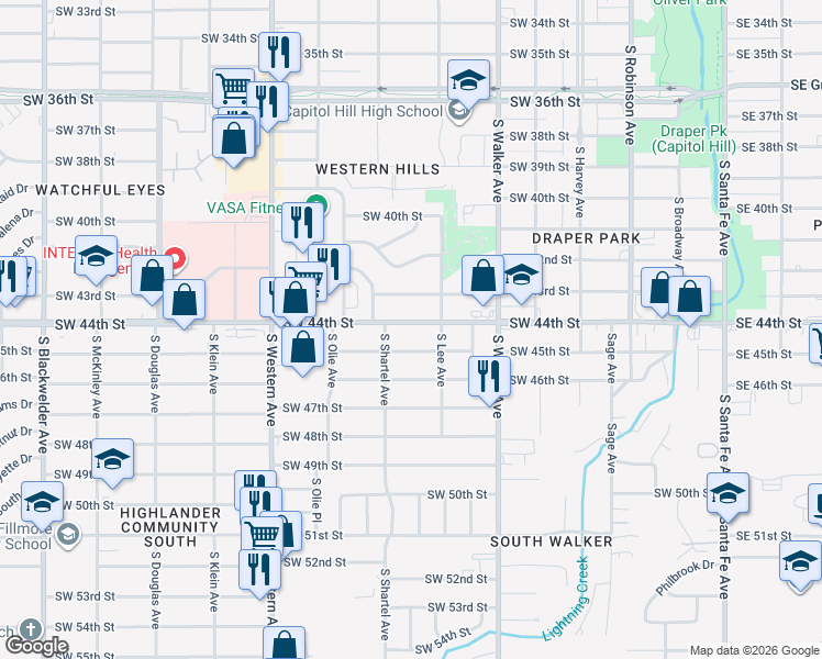 map of restaurants, bars, coffee shops, grocery stores, and more near 633 Southwest 44th Street in Oklahoma City