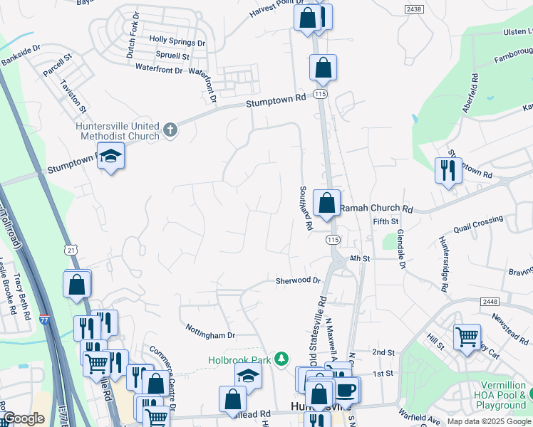 map of restaurants, bars, coffee shops, grocery stores, and more near 90 Oak Hill Drive in Huntersville