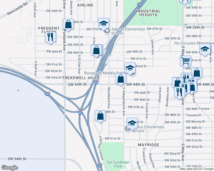 map of restaurants, bars, coffee shops, grocery stores, and more near 4515 Woodward Avenue in Oklahoma City