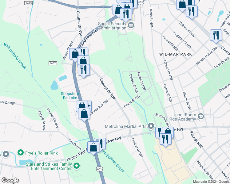map of restaurants, bars, coffee shops, grocery stores, and more near 680 Central Drive Northwest in Concord