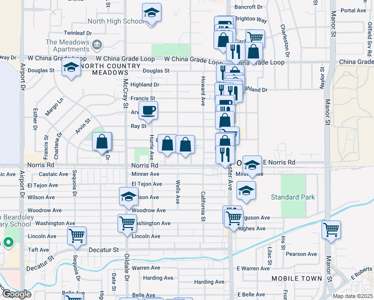 map of restaurants, bars, coffee shops, grocery stores, and more near 1607 Stockton Avenue in Bakersfield