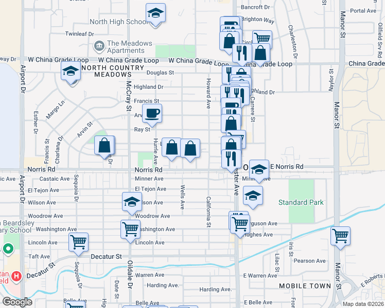 map of restaurants, bars, coffee shops, grocery stores, and more near 1607 Stockton Avenue in Bakersfield