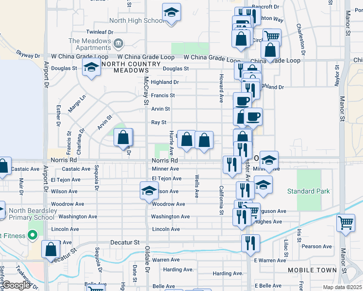 map of restaurants, bars, coffee shops, grocery stores, and more near 1604 Haldon Street in Bakersfield