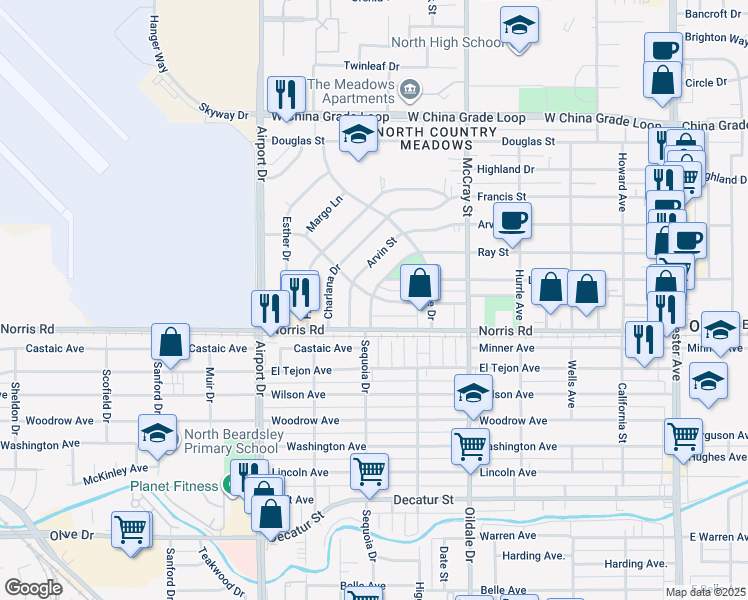map of restaurants, bars, coffee shops, grocery stores, and more near 625 Ray Street in Bakersfield