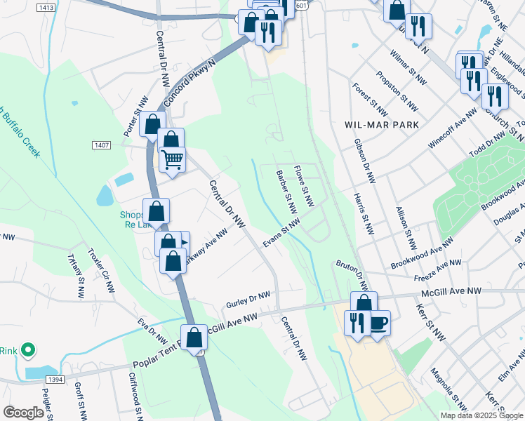 map of restaurants, bars, coffee shops, grocery stores, and more near Winecoff Avenue Northwest in Concord