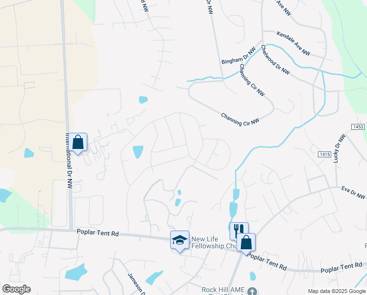 map of restaurants, bars, coffee shops, grocery stores, and more near 4285 Stream Dale Circle Northwest in Concord