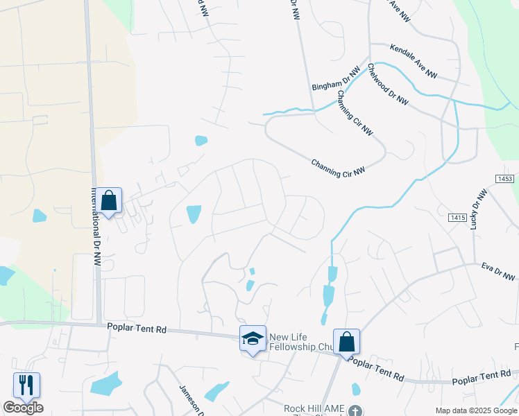 map of restaurants, bars, coffee shops, grocery stores, and more near 4285 Stream Dale Circle Northwest in Concord