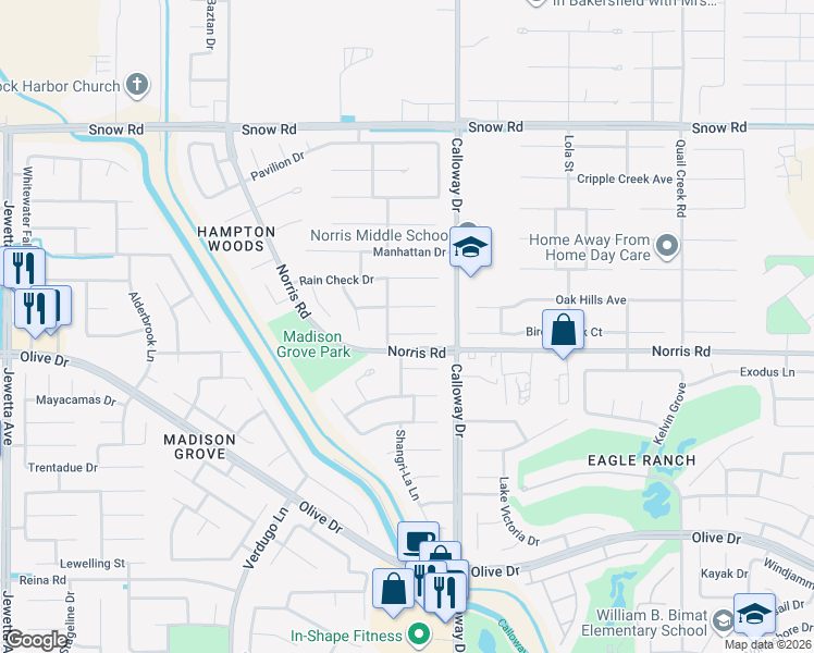 map of restaurants, bars, coffee shops, grocery stores, and more near 9903 Jersey Bounce Drive in Bakersfield