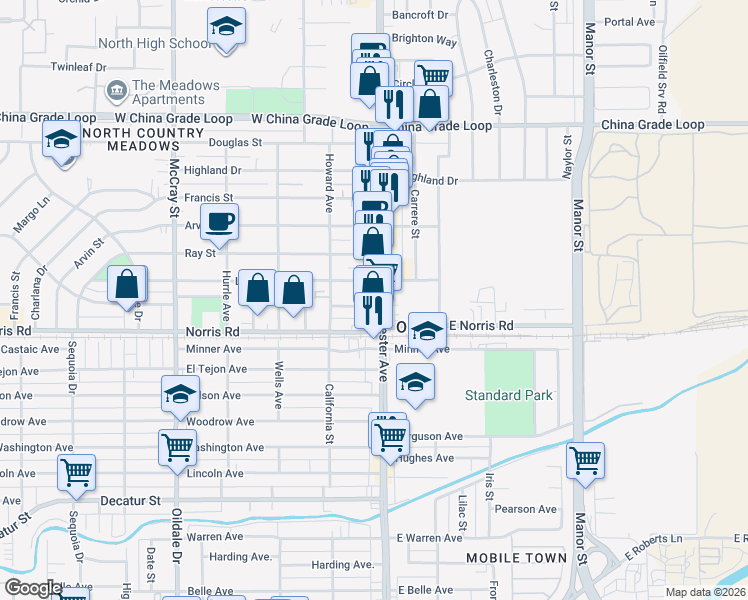 map of restaurants, bars, coffee shops, grocery stores, and more near 115 Linda Vista Drive in Bakersfield