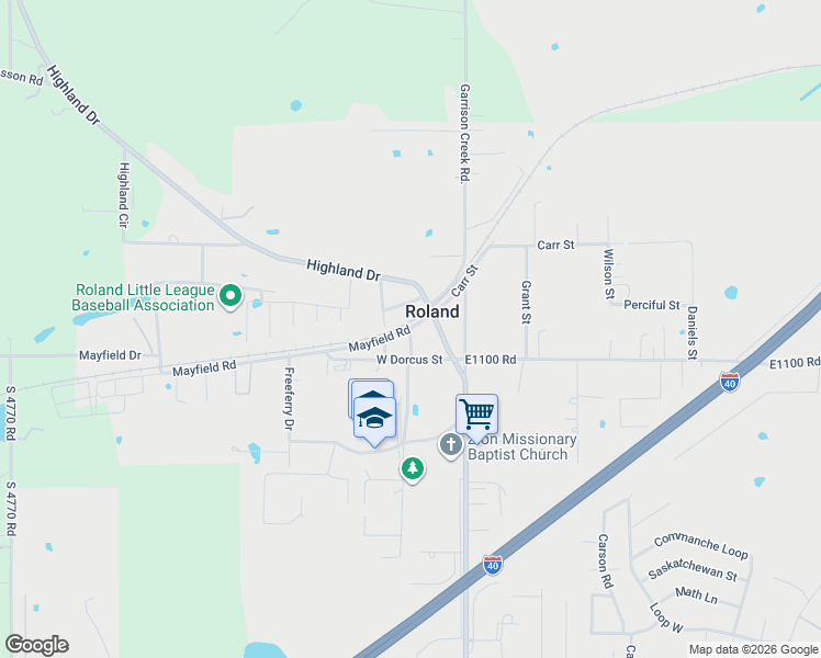 map of restaurants, bars, coffee shops, grocery stores, and more near in Roland