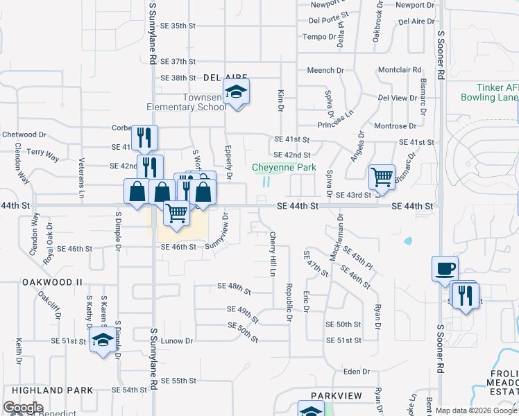 map of restaurants, bars, coffee shops, grocery stores, and more near 4420 Epperly Drive in Del City