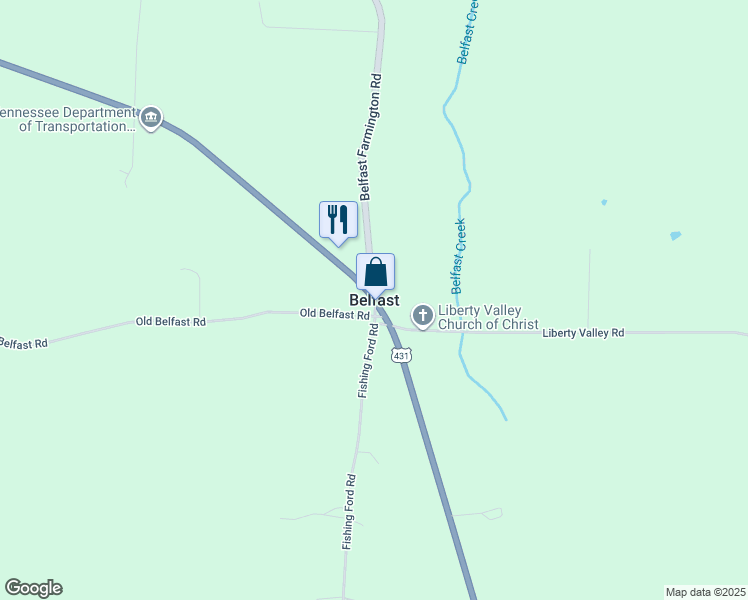 map of restaurants, bars, coffee shops, grocery stores, and more near U.S. 431 in Belfast