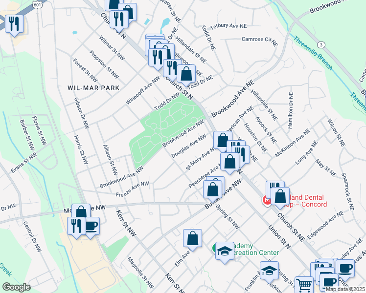 map of restaurants, bars, coffee shops, grocery stores, and more near 66 Douglas Avenue Northwest in Concord