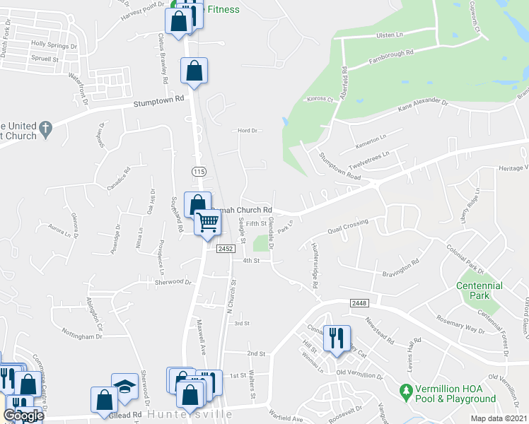 map of restaurants, bars, coffee shops, grocery stores, and more near 214 Ramah Church Road in Huntersville