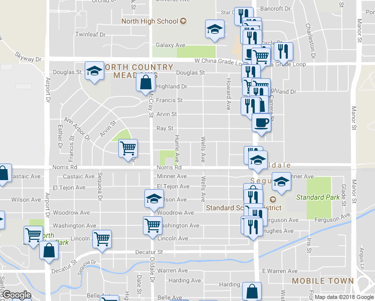 map of restaurants, bars, coffee shops, grocery stores, and more near 1604 Haldon Street in Bakersfield