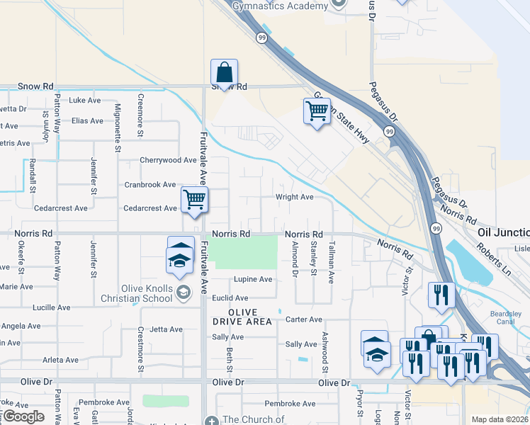 map of restaurants, bars, coffee shops, grocery stores, and more near 6207 Wright Avenue in Bakersfield