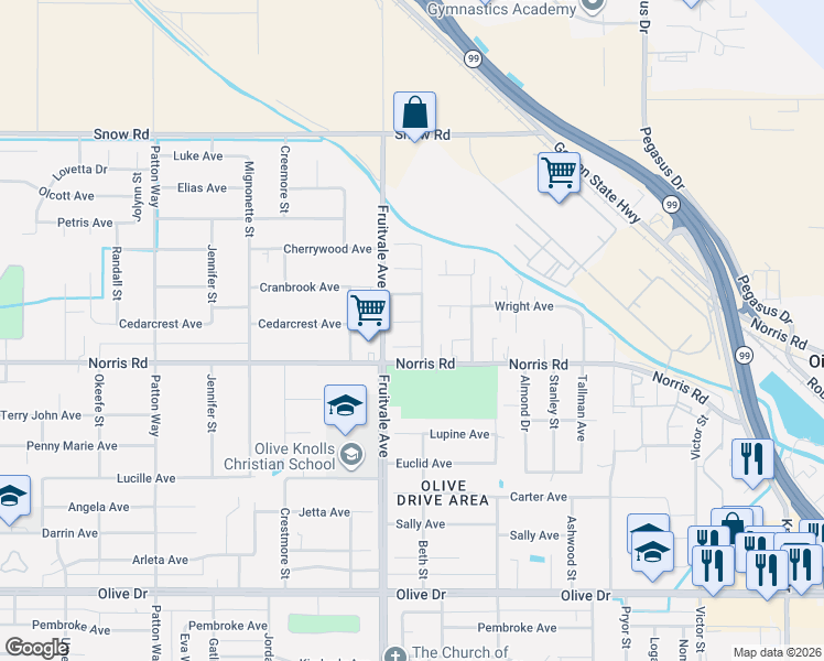 map of restaurants, bars, coffee shops, grocery stores, and more near 6744 Normandy Rose Avenue in Bakersfield