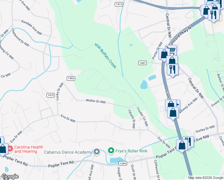 map of restaurants, bars, coffee shops, grocery stores, and more near 799 Troxler Circle Northwest in Concord