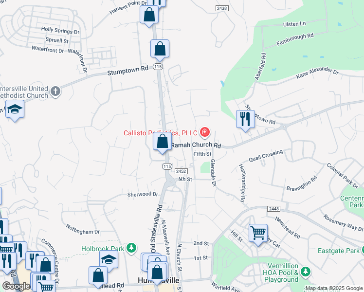 map of restaurants, bars, coffee shops, grocery stores, and more near 14914 North Old Statesville Road in Huntersville
