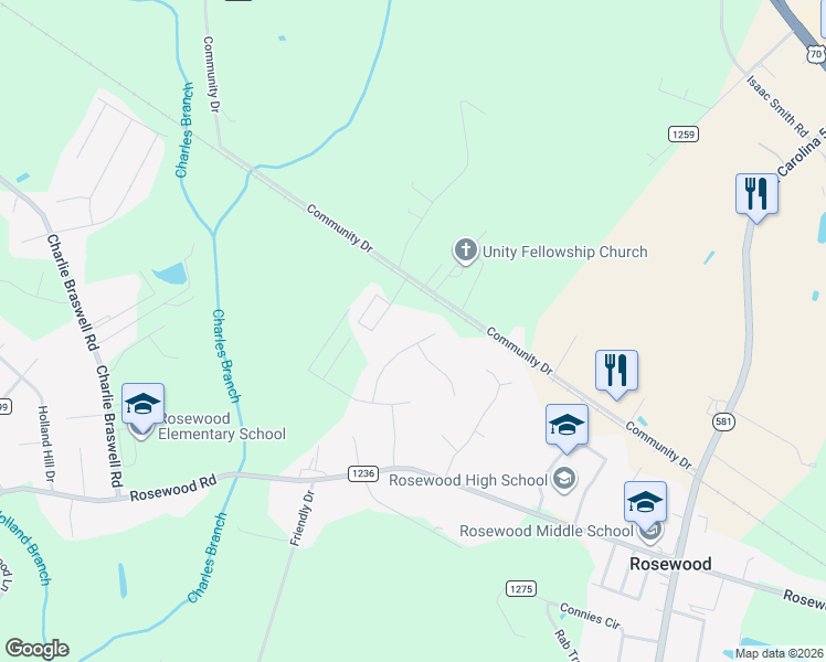 map of restaurants, bars, coffee shops, grocery stores, and more near 203 Valley Wood Drive in Goldsboro