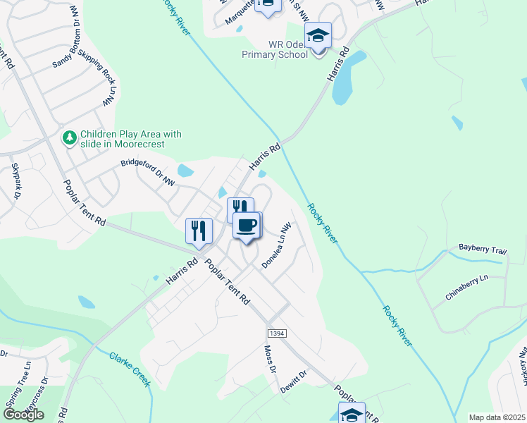 map of restaurants, bars, coffee shops, grocery stores, and more near Violet Cannon Drive Northwest in Concord