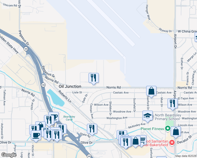 map of restaurants, bars, coffee shops, grocery stores, and more near 1528 Melody Lane in Bakersfield