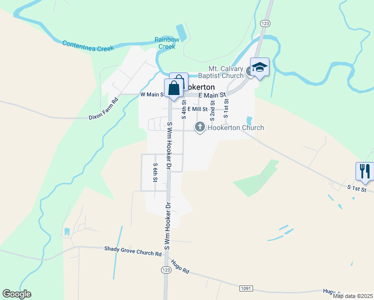 map of restaurants, bars, coffee shops, grocery stores, and more near South 4th Street in Hookerton