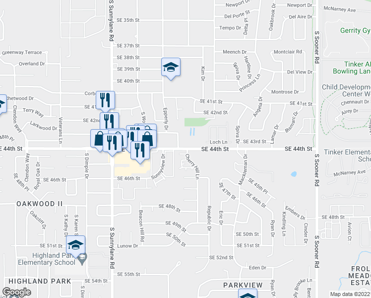 map of restaurants, bars, coffee shops, grocery stores, and more near 4708 Southeast 44th Street in Del City