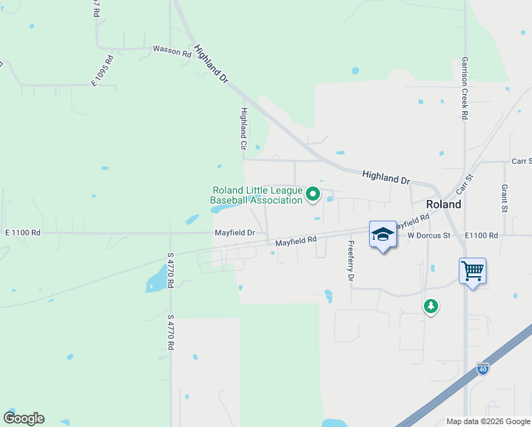 map of restaurants, bars, coffee shops, grocery stores, and more near Cheze Drive in Roland