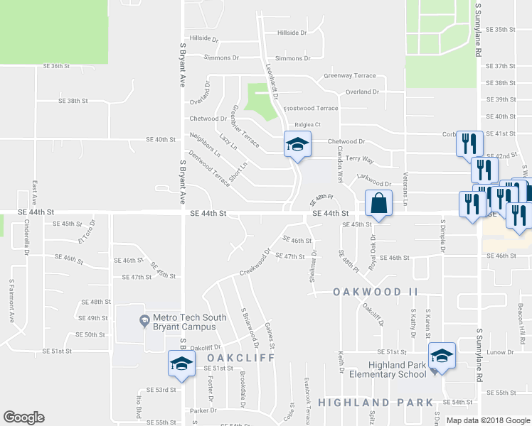 map of restaurants, bars, coffee shops, grocery stores, and more near 3328 Southeast 44th Street in Oklahoma City