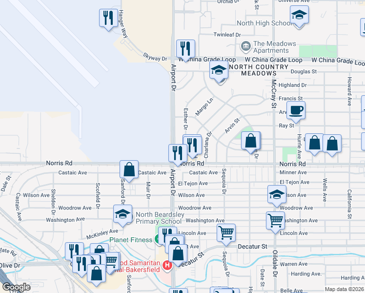map of restaurants, bars, coffee shops, grocery stores, and more near 1608 Airport Drive in Bakersfield