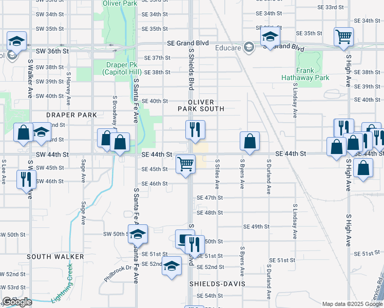 map of restaurants, bars, coffee shops, grocery stores, and more near South Shields Boulevard & Southeast 44th Street in Oklahoma City
