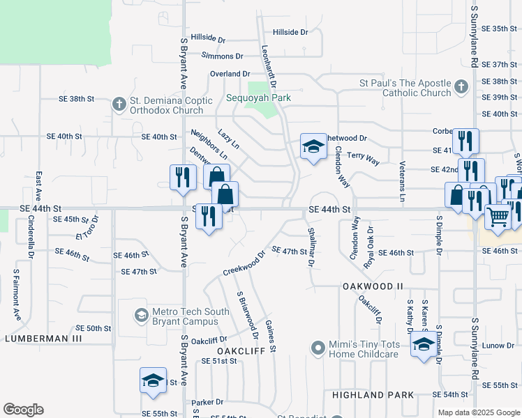 map of restaurants, bars, coffee shops, grocery stores, and more near 3312 Southeast 44th Street in Del City