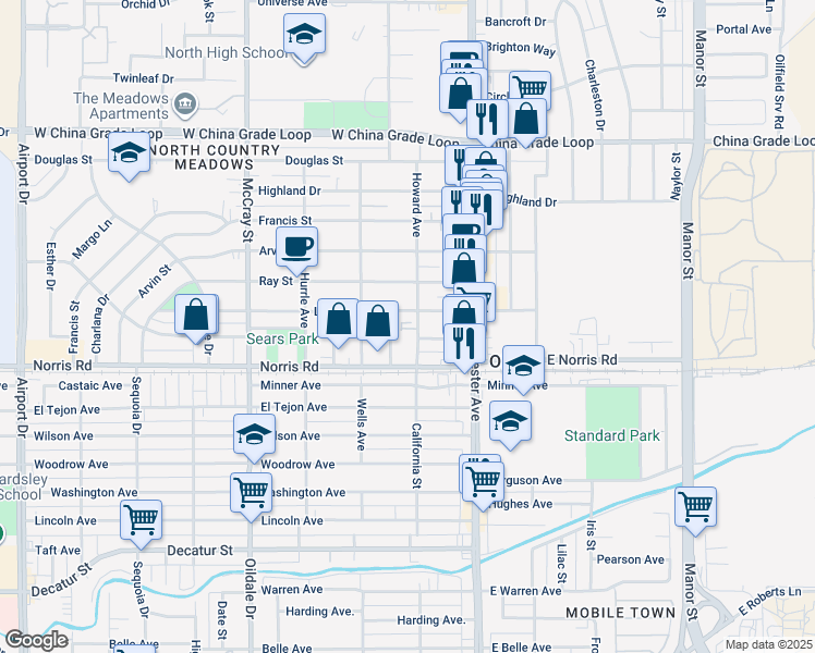 map of restaurants, bars, coffee shops, grocery stores, and more near 1611 Howard Avenue in Bakersfield