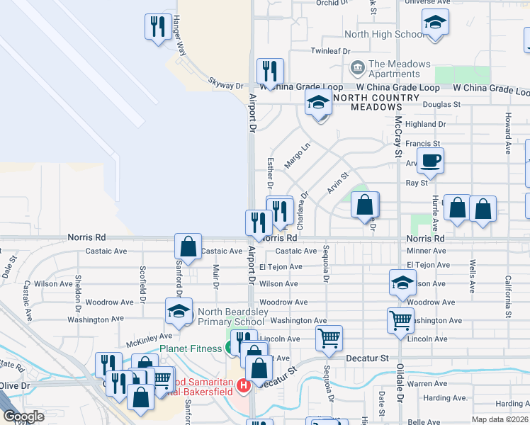 map of restaurants, bars, coffee shops, grocery stores, and more near 1608 Airport Drive in Bakersfield