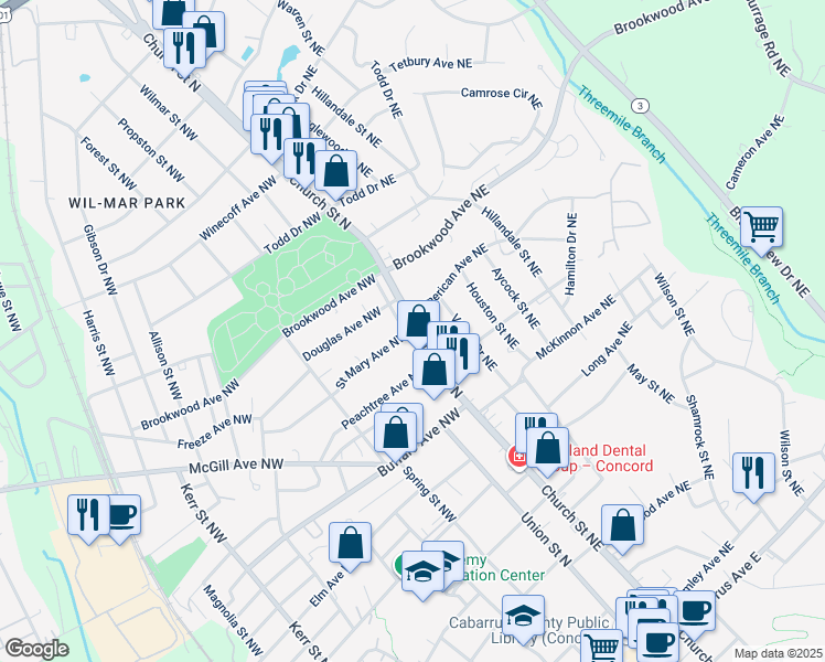 map of restaurants, bars, coffee shops, grocery stores, and more near 381 North Carolina 73 in Concord