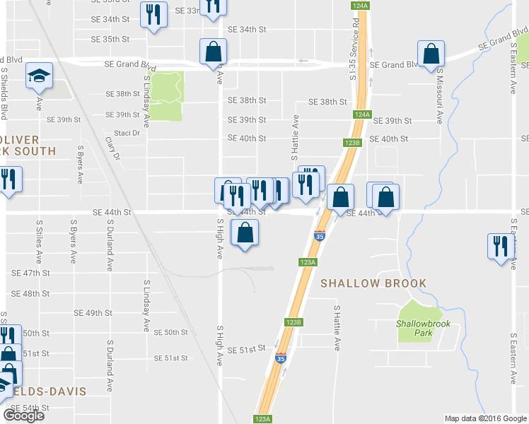 map of restaurants, bars, coffee shops, grocery stores, and more near 1150 Southeast 44th Street in Oklahoma City